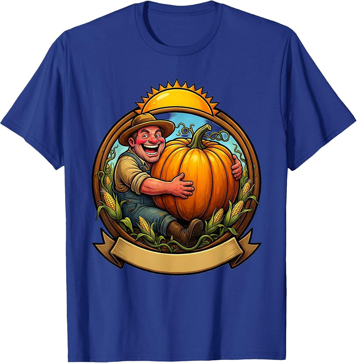 Farmer Cradling Pumpkin Harvest Field Illustration T-Shirt - Royal Blue