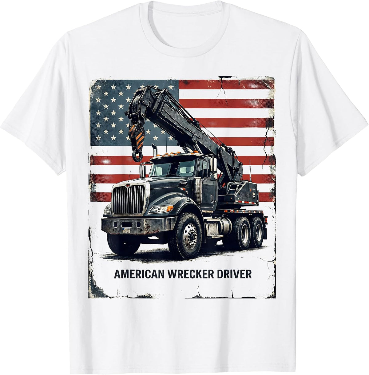 Men's American Wrecker Driver Distressed Patriotic Trucker T-Shirt - White