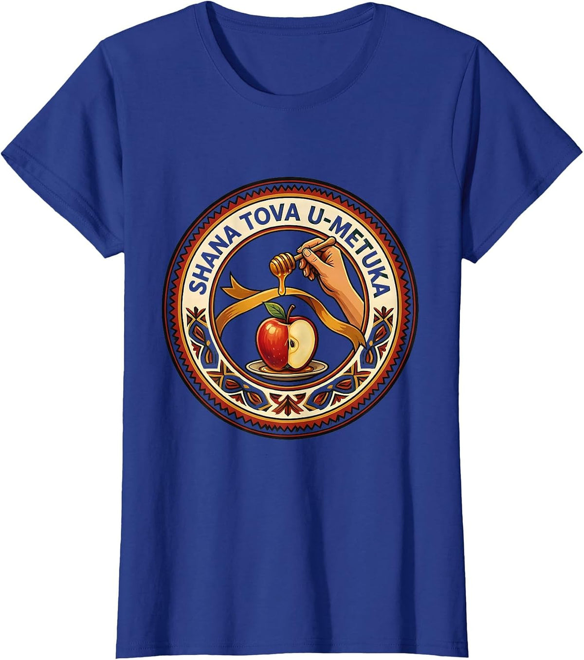Women's Shana Tova U'Metuka Folk Art Rosh Hashanah Jewish New Year T-Shirt - Royal Blue