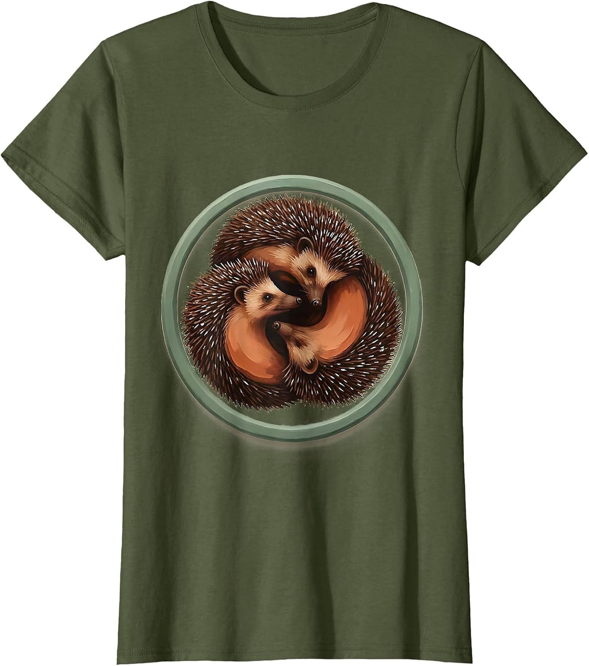 Women's Circular Hedgehog Badge Cute Animal Humor T-Shirt - Olive Green
