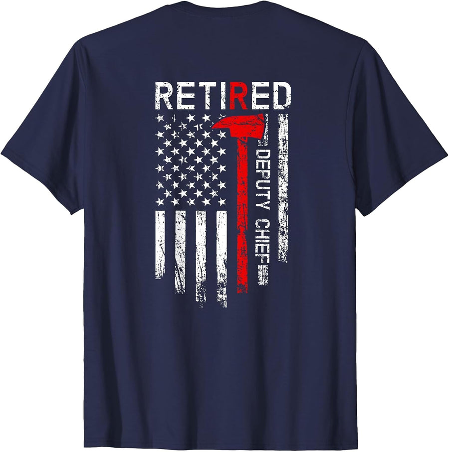 Retired Deputy Chief Firefighter USA Flag Design ON Back T-Shirt - Navy Blue