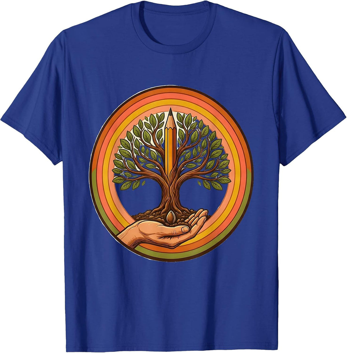 Men's 4th Grade Teacher Hand Planting Pencil Tree T-Shirt - Royal Blue