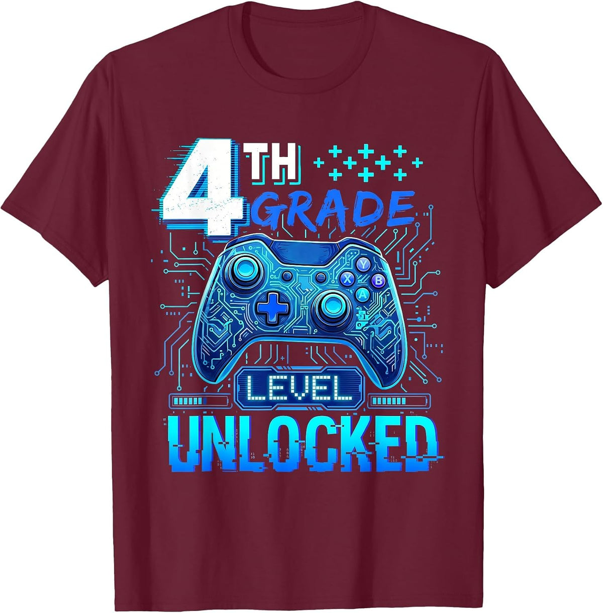 Back to School 4th Grade First Day Level Unlocked Gamer Boys T-Shirt - Burgundy