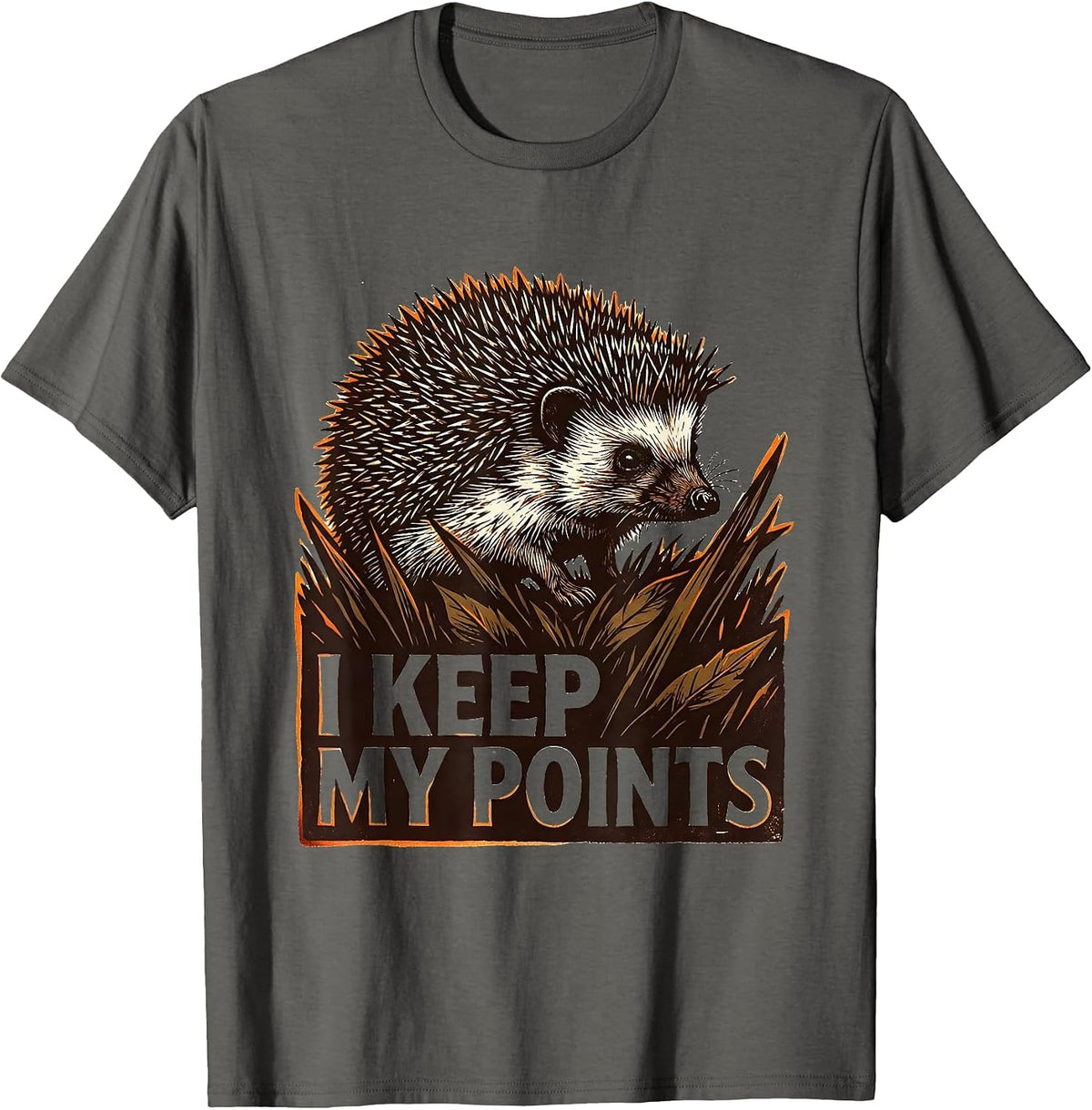 I Keep My Points Linocut Cute Hedgehog Animal Humor Gift T-Shirt - Asphalt Grey