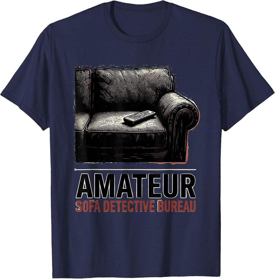 Amateur Sofa Detective Bureau Funny True Crime Couch T-Shirt - Navy Blue