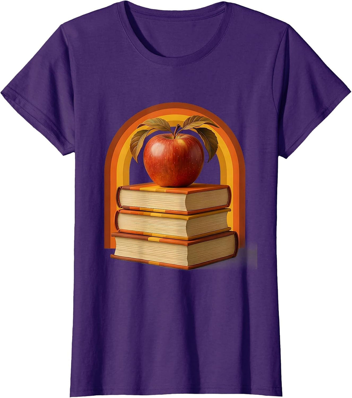 4th Grade Teacher Apple and Books Illustration T-Shirt - Purple