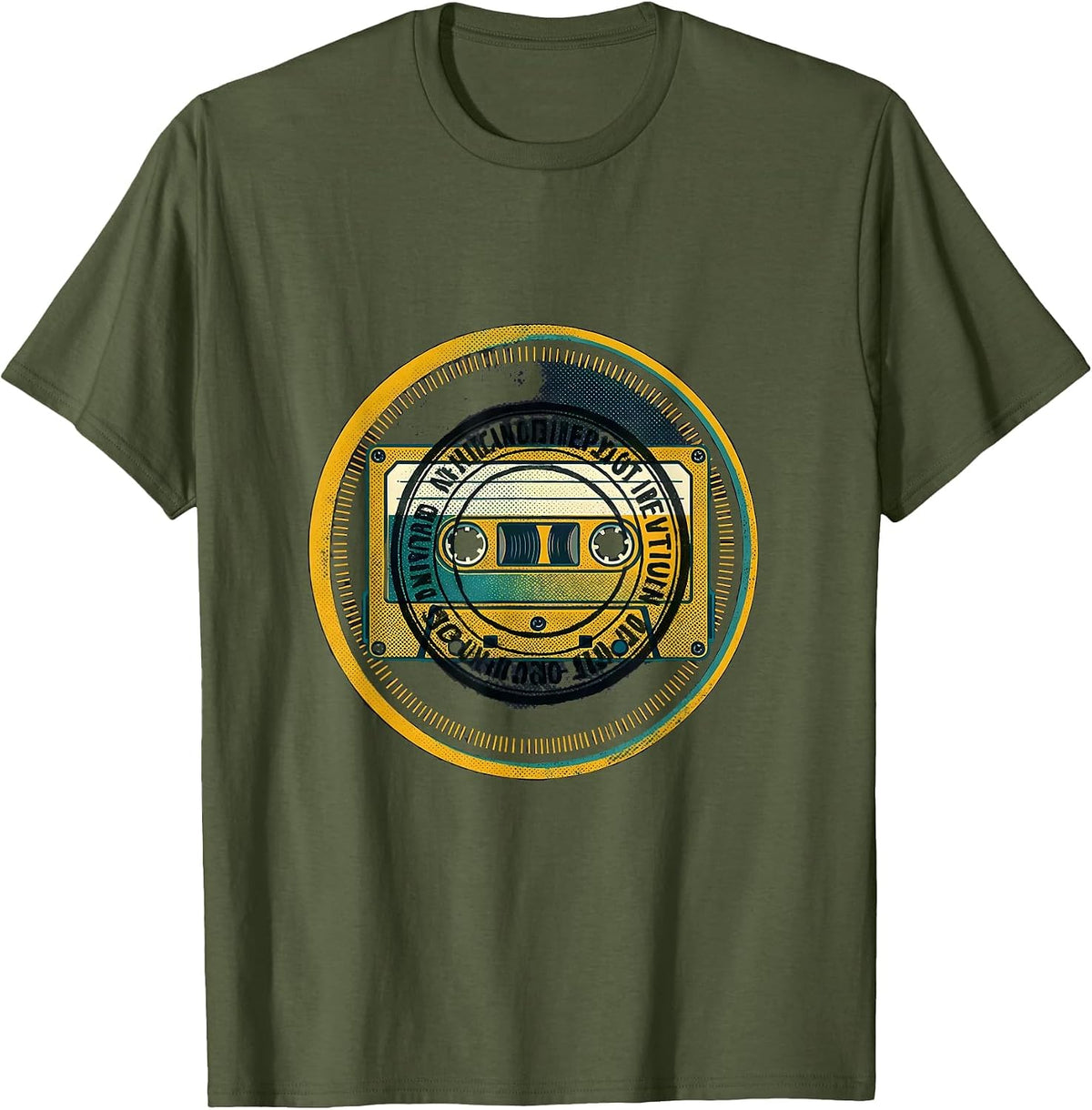 Men's Sealed Cassette Tape Badge Old School Hip-Hop Nostalgia T-Shirt - Olive Green