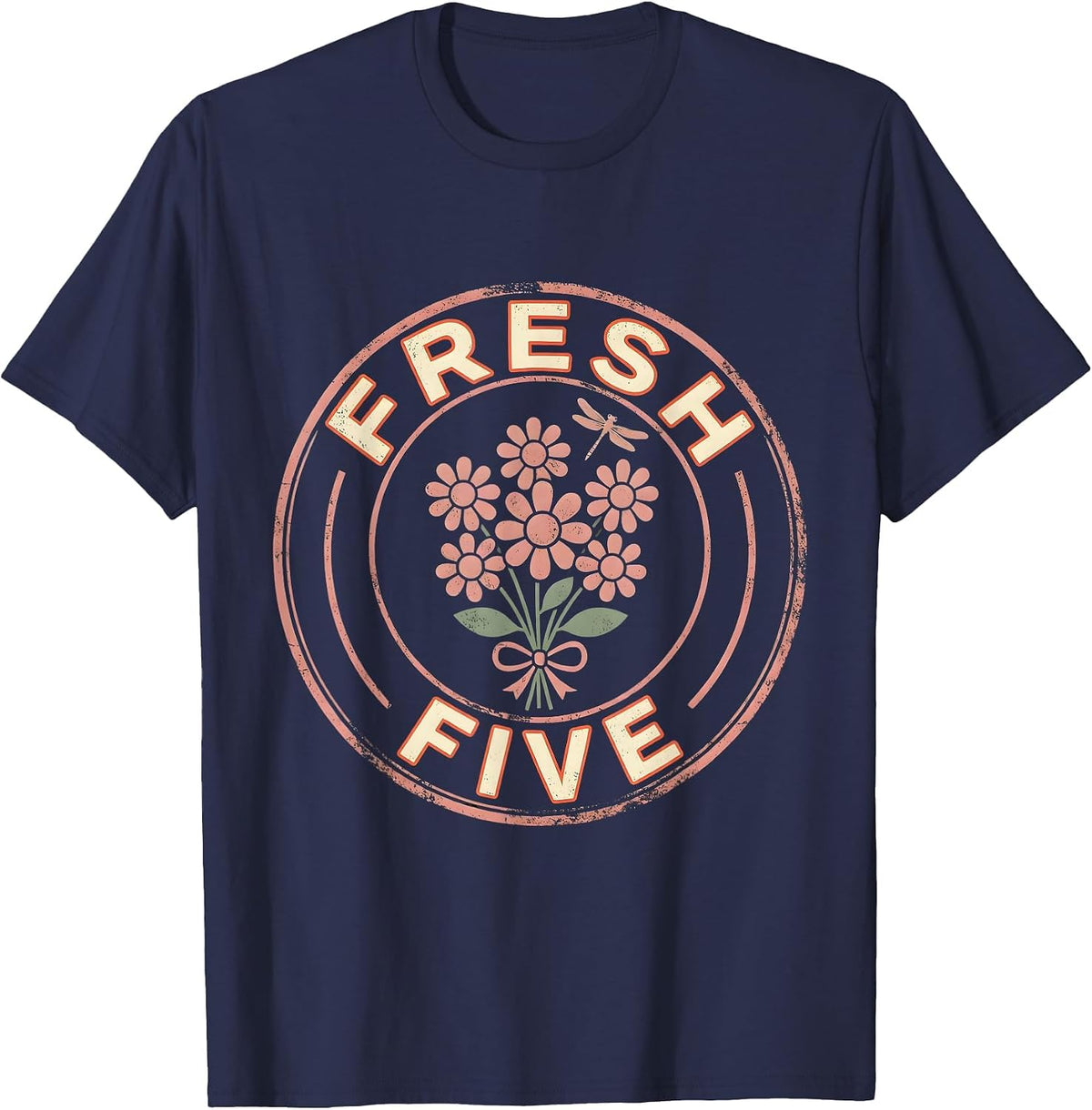 FRESH FIVE Retro Flower Power Fifth 5th Grade Back To School T-Shirt - Navy Blue