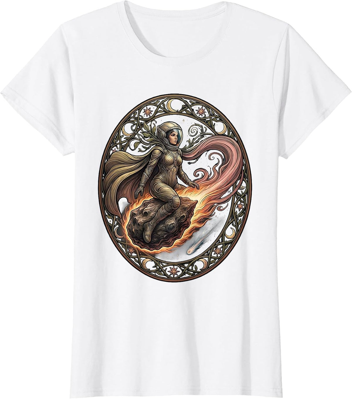 Women's Astronaut Riding Meteor Space Explorer Graphic T-Shirt - White