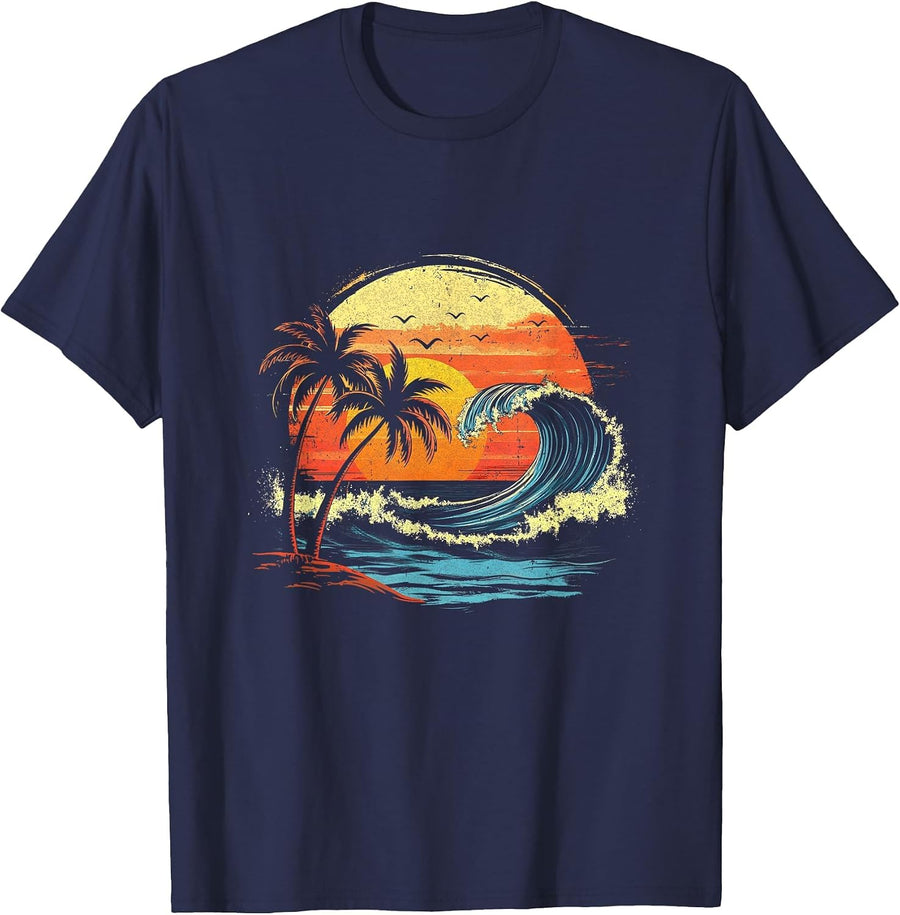 Retro Sunset Tropical Vintage Beach Palm Tree for Men Women T-Shirt - Navy Blue
