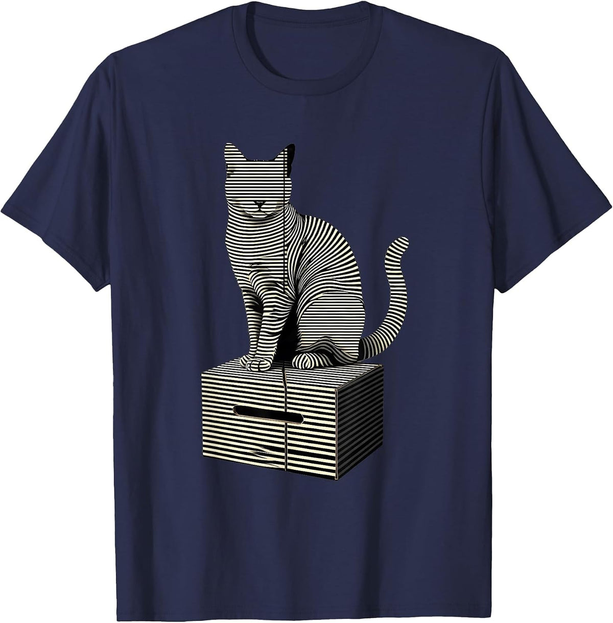 Seated Cat Quantum Physics Stripe Graphic Science Humor T-Shirt - Navy Blue