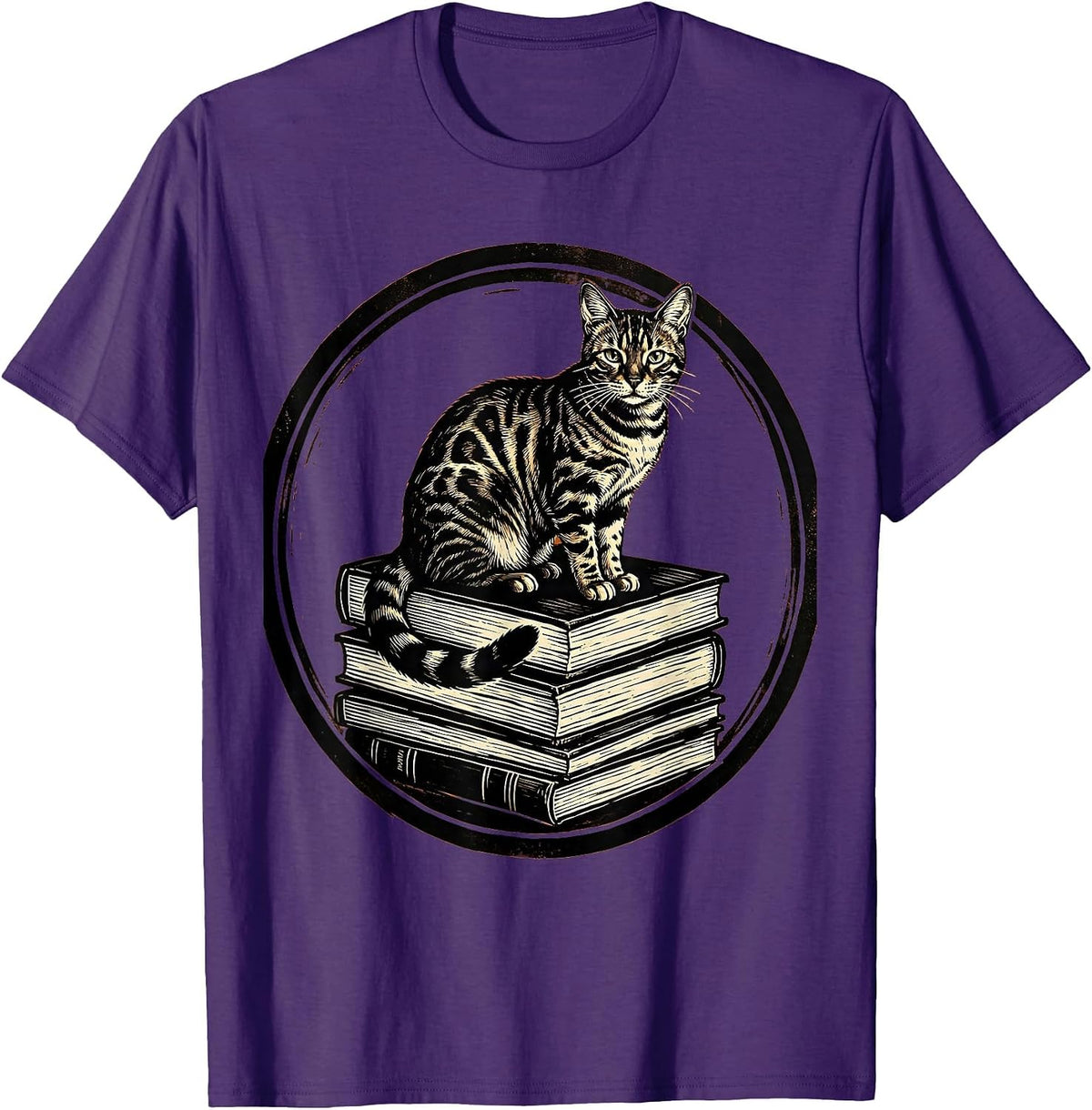 Bengal Cat on Stacked Books Lover Gift T-Shirt - Purple