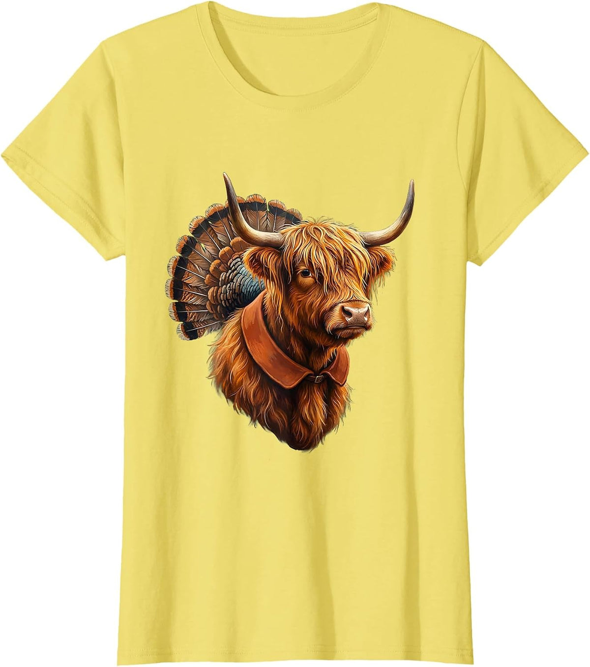 Women's Shaggy Highland Cow Storybook Fall Halloween Seasonal Humor T-Shirt - Lemon Yellow