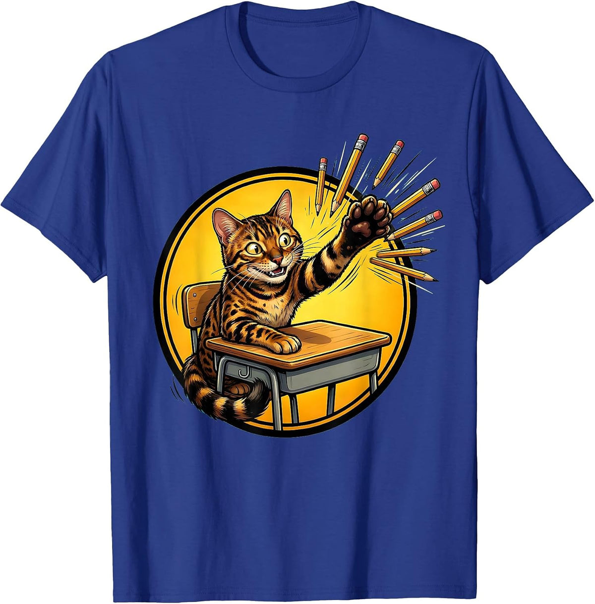 Bengal Cat Back to School Pencil Chaos Design T-Shirt - Royal Blue