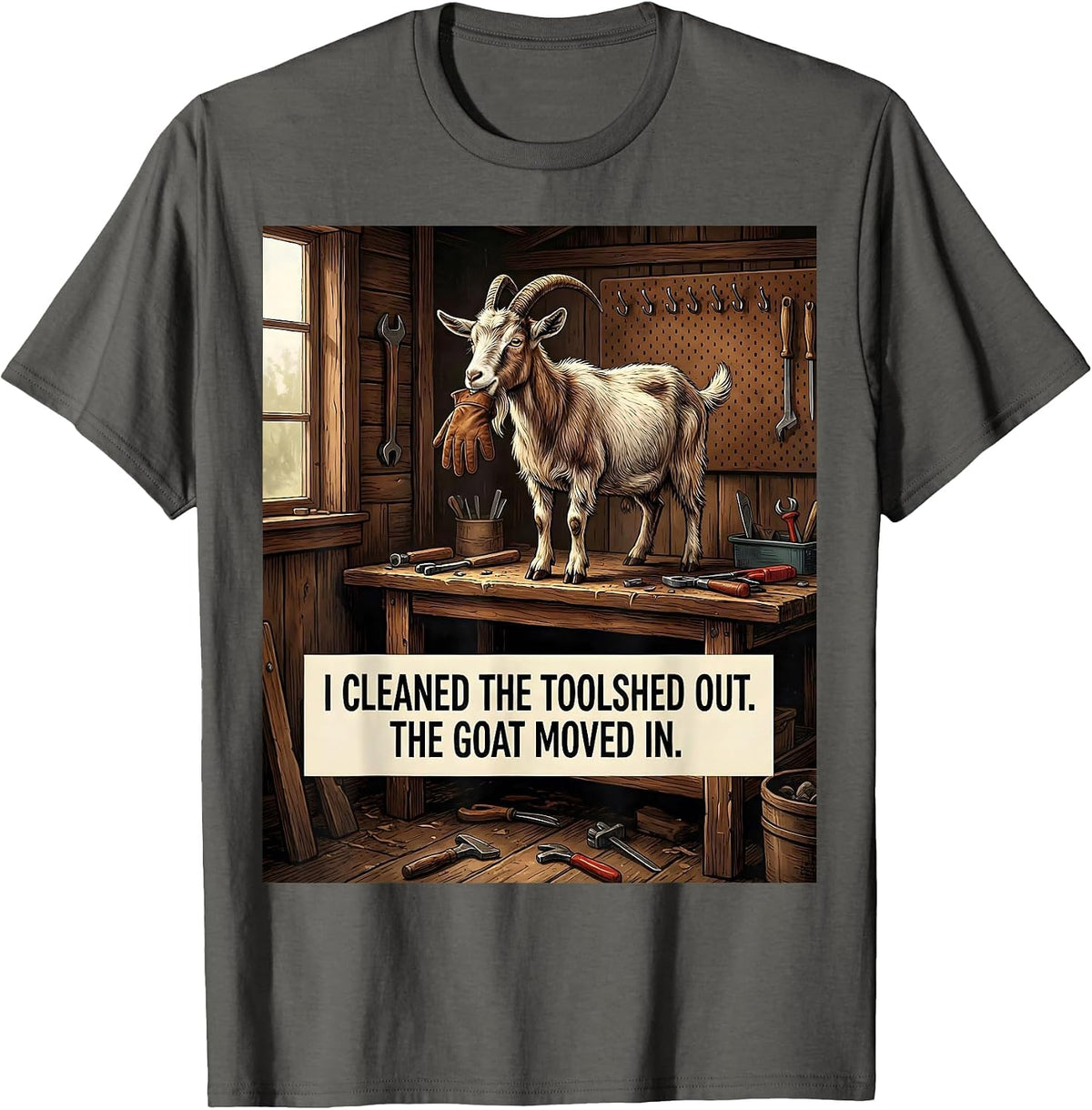 I Cleaned The Toolshed Out The Goat Moved In Funny Goat T-Shirt - Asphalt Grey