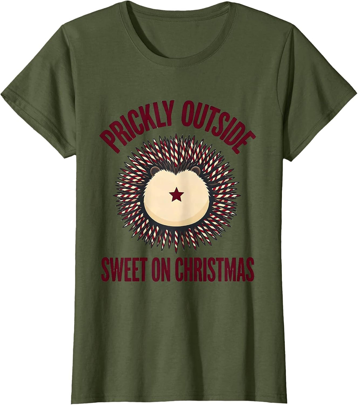 Women's Prickly Outside Sweet On Christmas Cute Hedgehog Holiday T-Shirt - Olive Green
