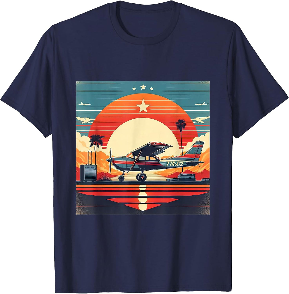 C-172 Skyhawk Vintage C172 Airplane Retro Sunset Pilot T-Shirt - Navy Blue