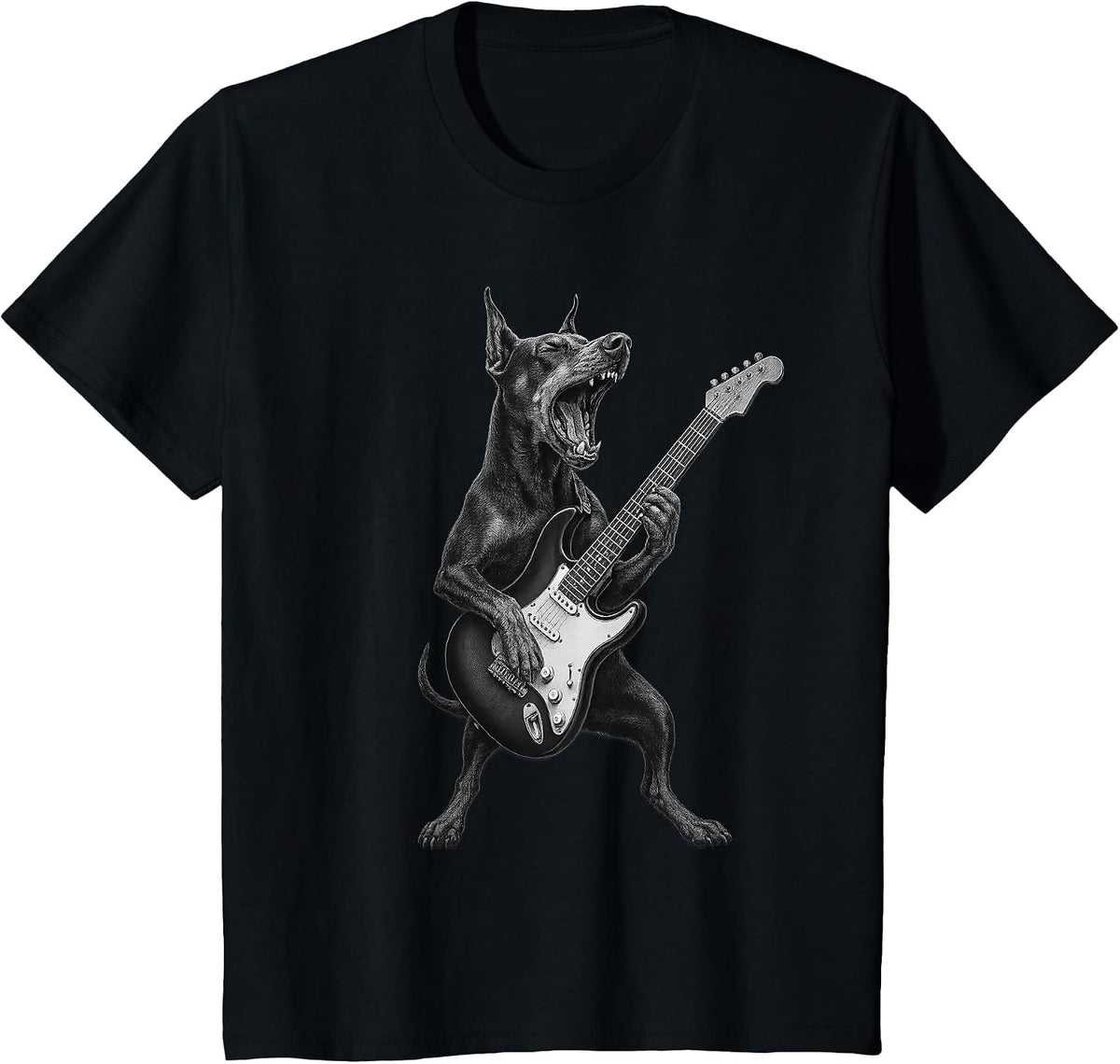 Doberman Pinscher Playing Guitar Rock Music Dog Lover T-Shirt - Black