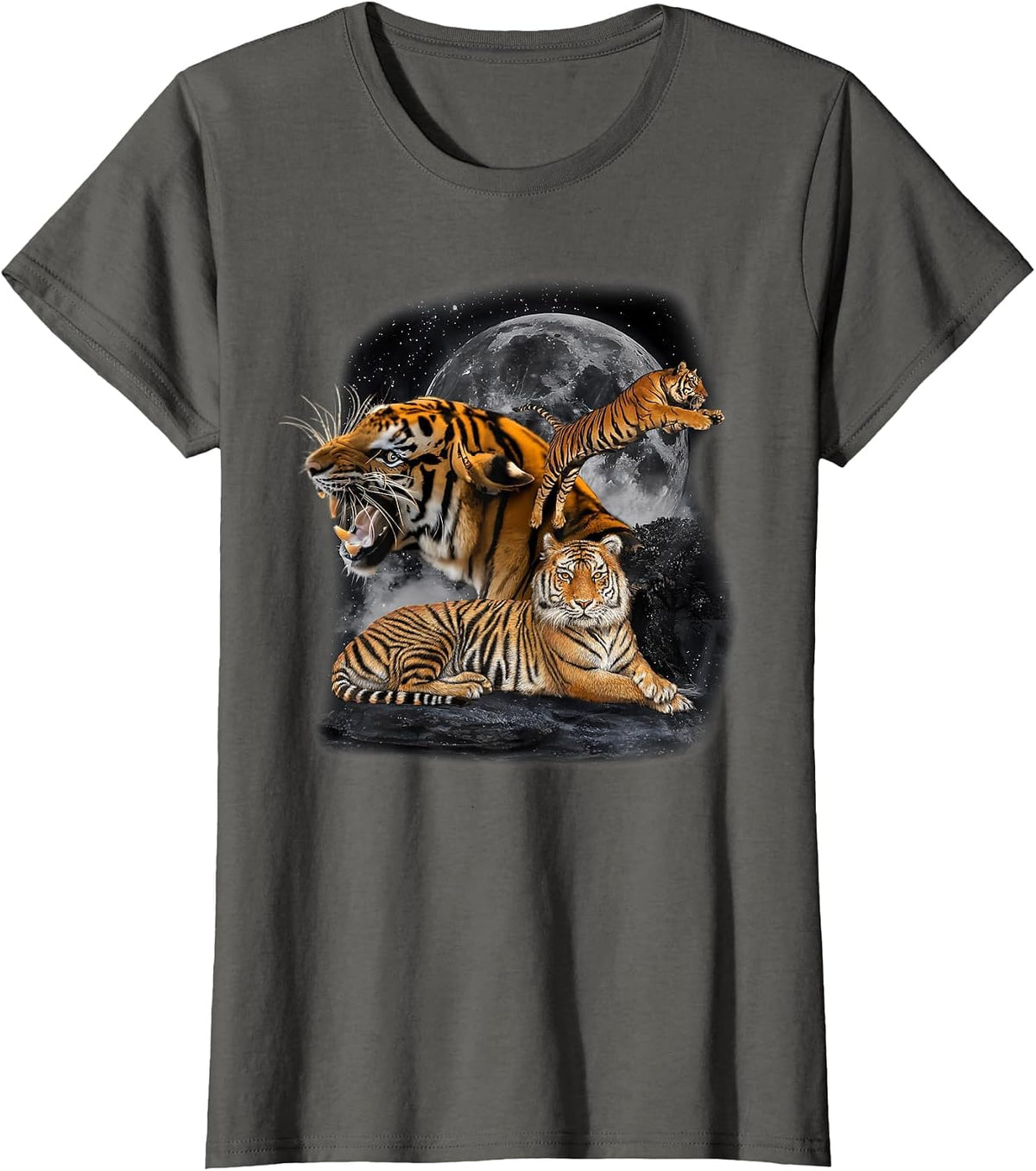 Vintage Three Tigers Retro Alpha Moon Bengal Tiger Lovers T-Shirt - Asphalt Grey