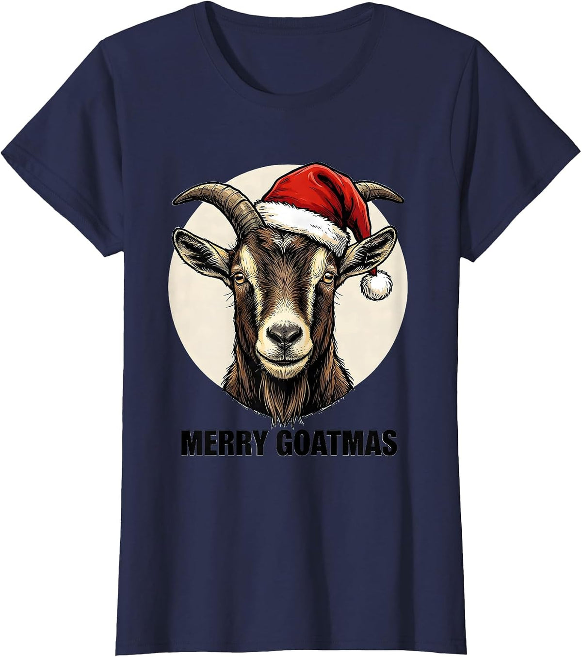 Women's Merry Goatmas Funny Goat Lover Christmas Santa Hat Holiday T-Shirt - Navy Blue