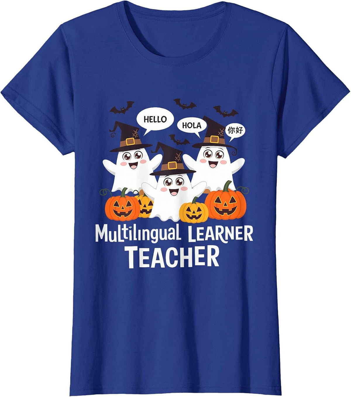 Multilingual Learner Teacher Spooky Halloween ESL Teacher T-Shirt - Royal Blue