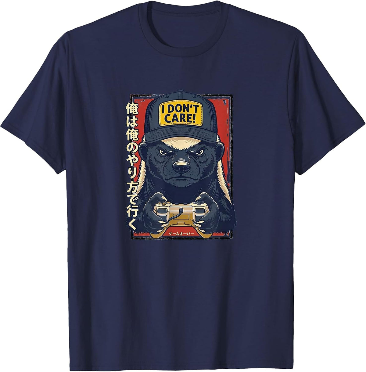 I Don’t Care - Honey Badger Gamer Design T-Shirt - Navy Blue