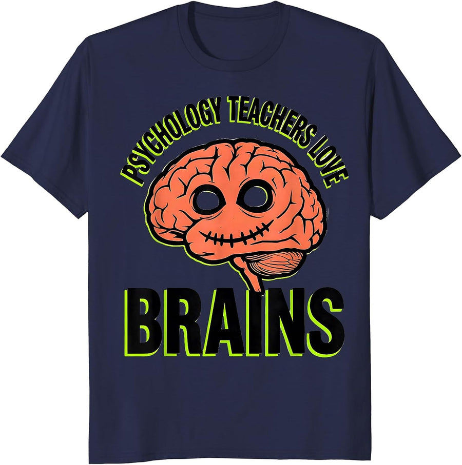 Psychology Teachers Love Brains Funny Zombie Halloween T-Shirt - Navy Blue