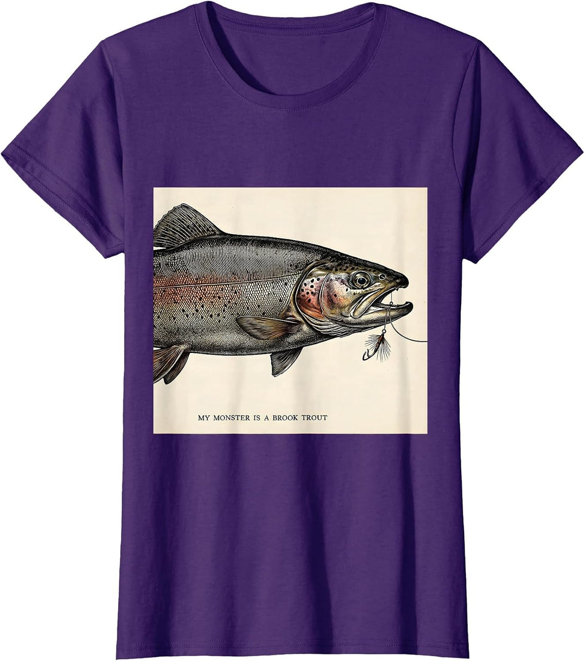 Women's My Monster Is A Brook Trout Spooky Halloween Fishing Humor T-Shirt - Purple
