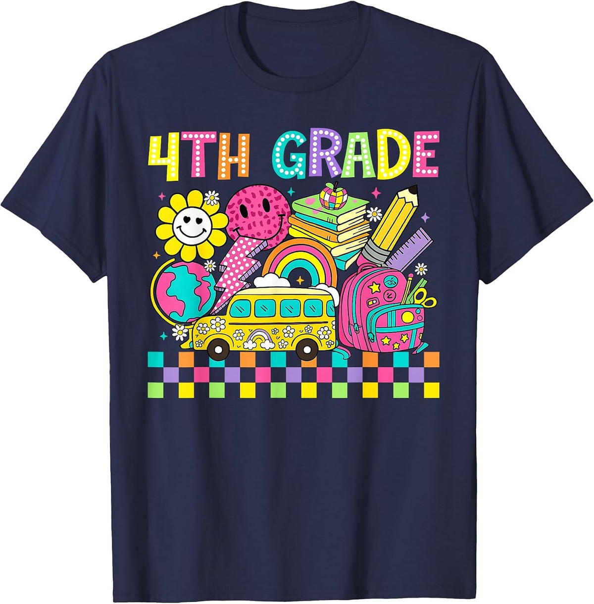 Fourth Grade Retro Groovy Back to School First Day Teacher T-Shirt - Navy Blue