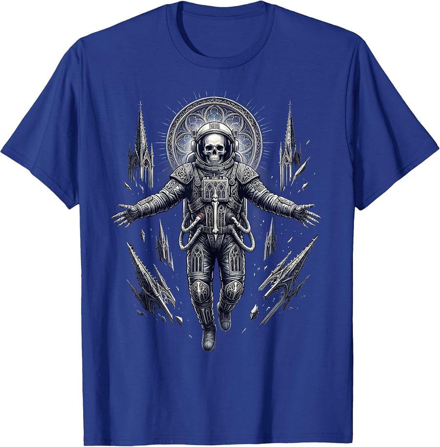 Skeleton Astronaut Floating in Deep Space T-Shirt - Royal Blue