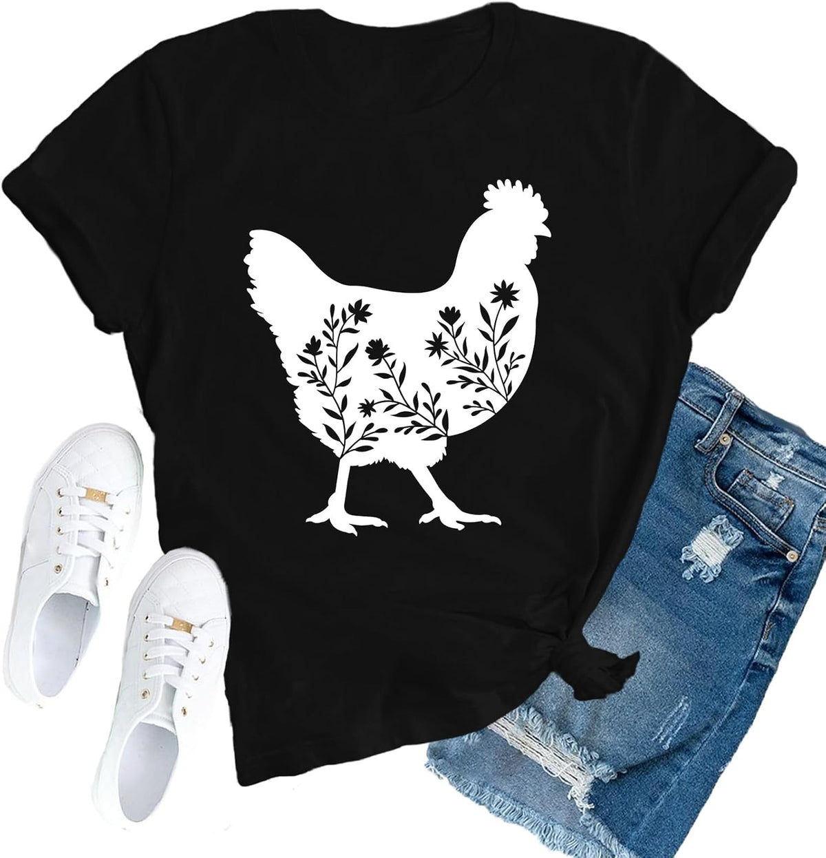 Chicken Shirt for Women Chicken Mom T-Shirt Chick Floral Top - Black