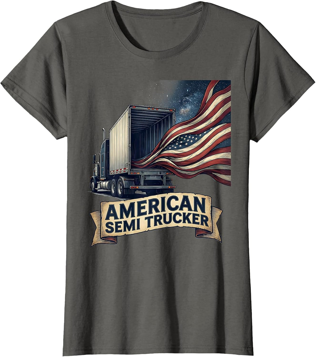 Women's American Semi Trucker Patriotic Truck Driver Flag Pride T-Shirt - Asphalt Grey