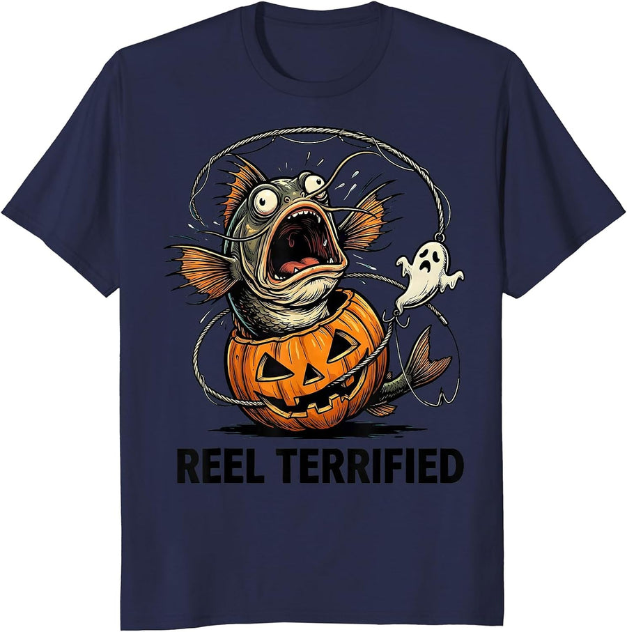 Reel Terrified Cartoon Halloween Fishing Ghost Lure Men Boys T-Shirt - Navy Blue
