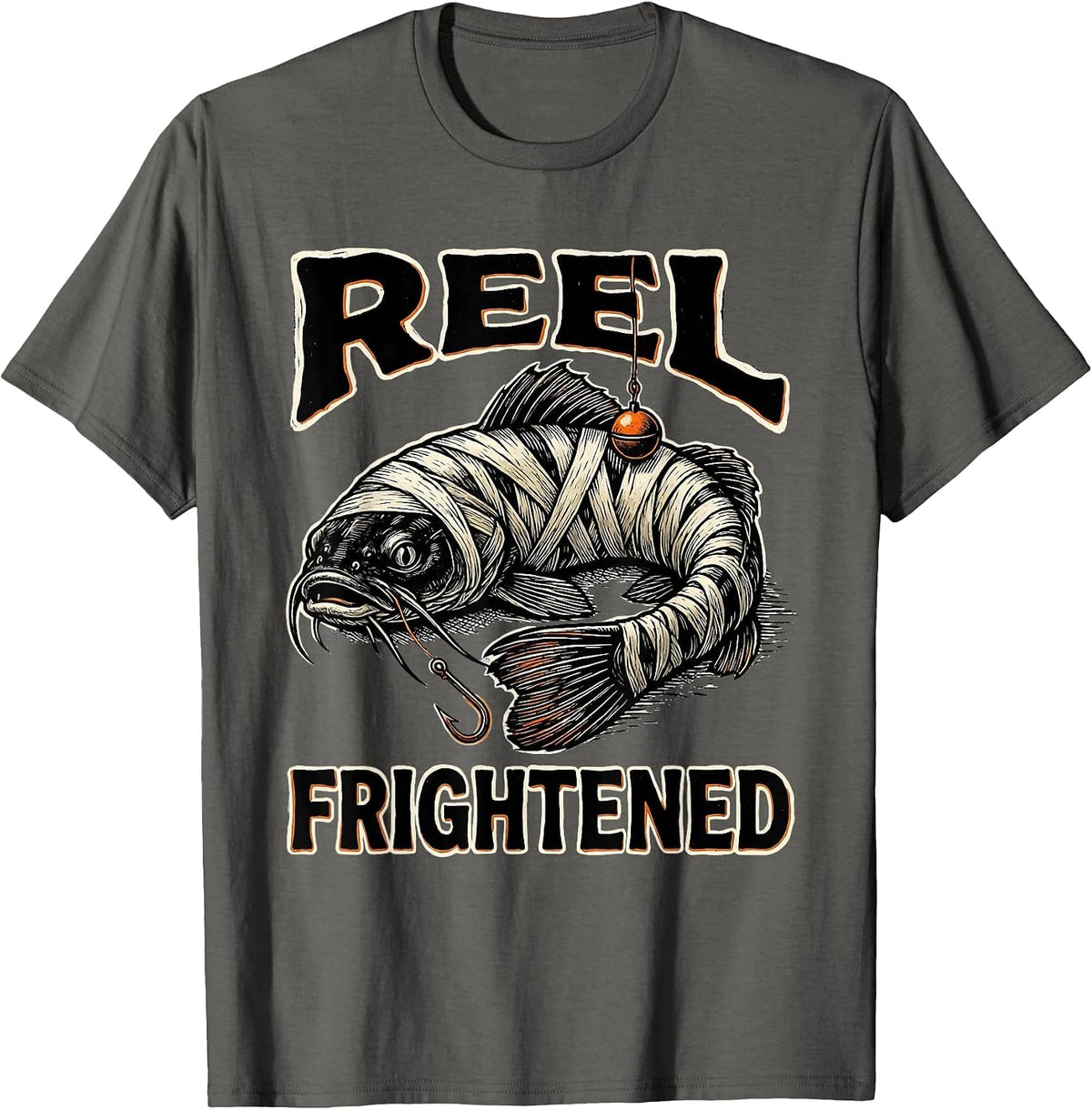 Men's Reel Frightened Linocut Halloween Skeleton Fishing Humor T-Shirt - Asphalt Grey