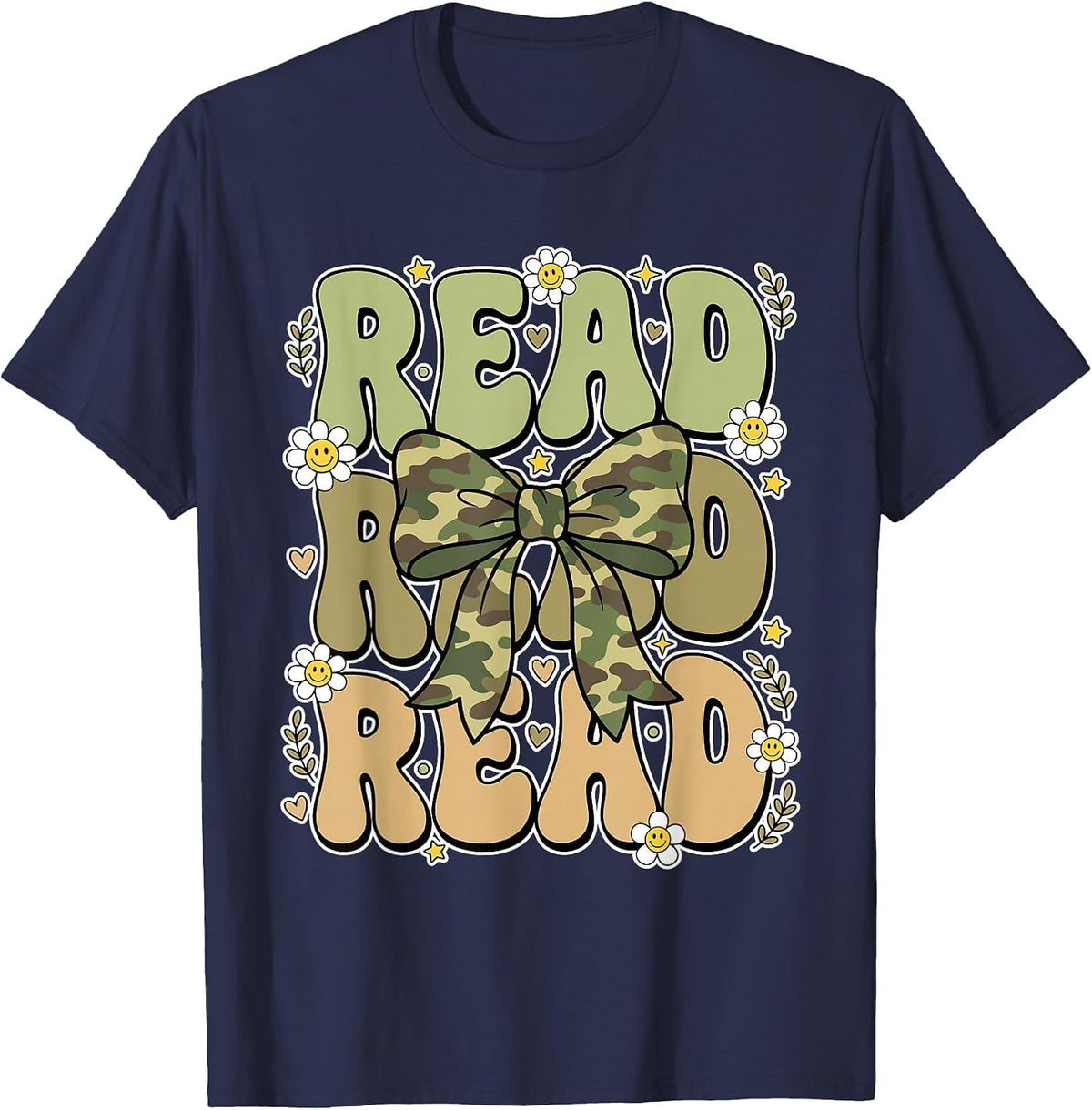 Read Camo Bow Groovy Teacher Librarian Book Lover T-Shirt - Navy Blue