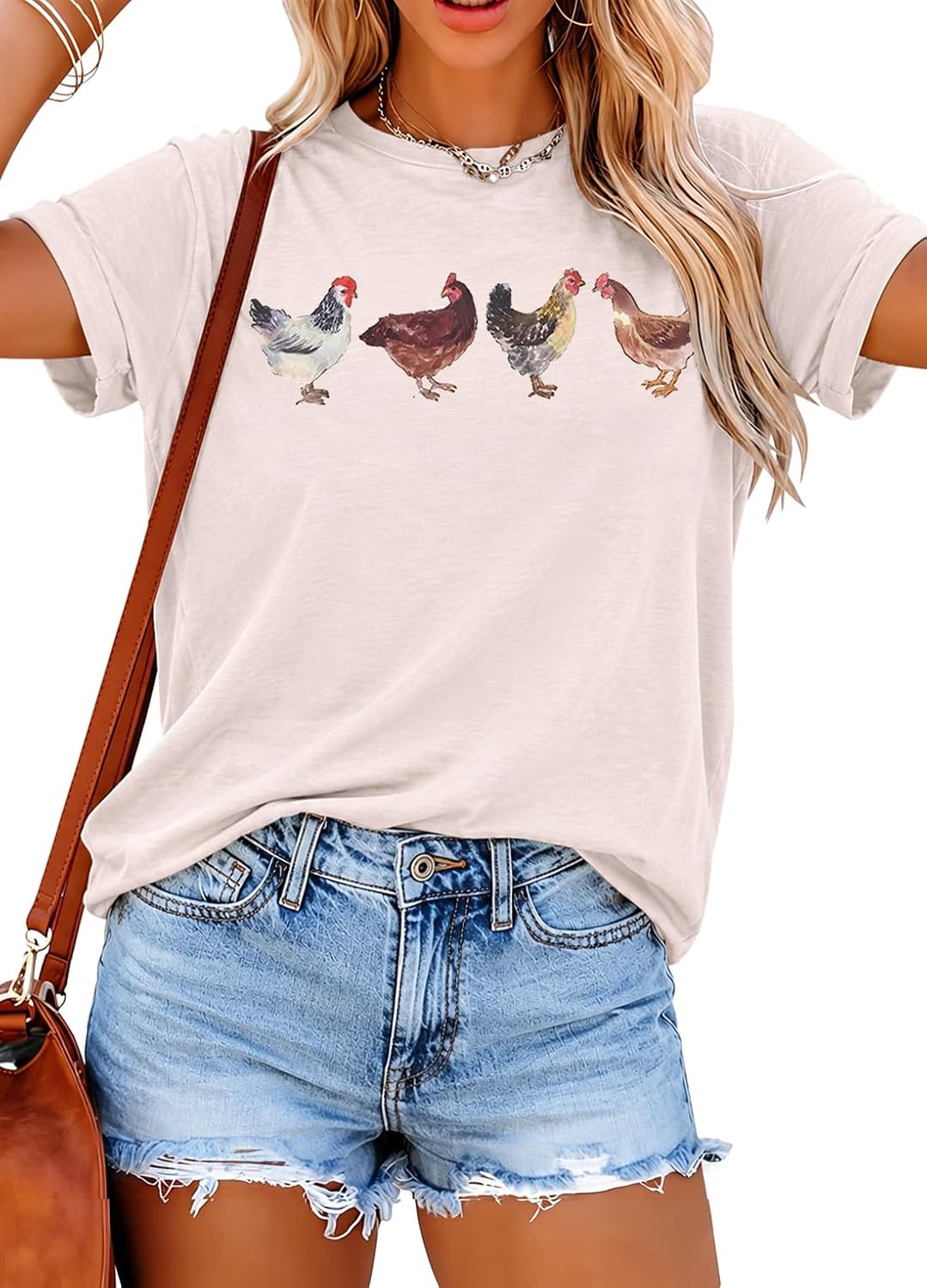 Chicken Shirts for Women Chicken Mom Tshirt Farm Casual Short Sleeve Tops - Apricot