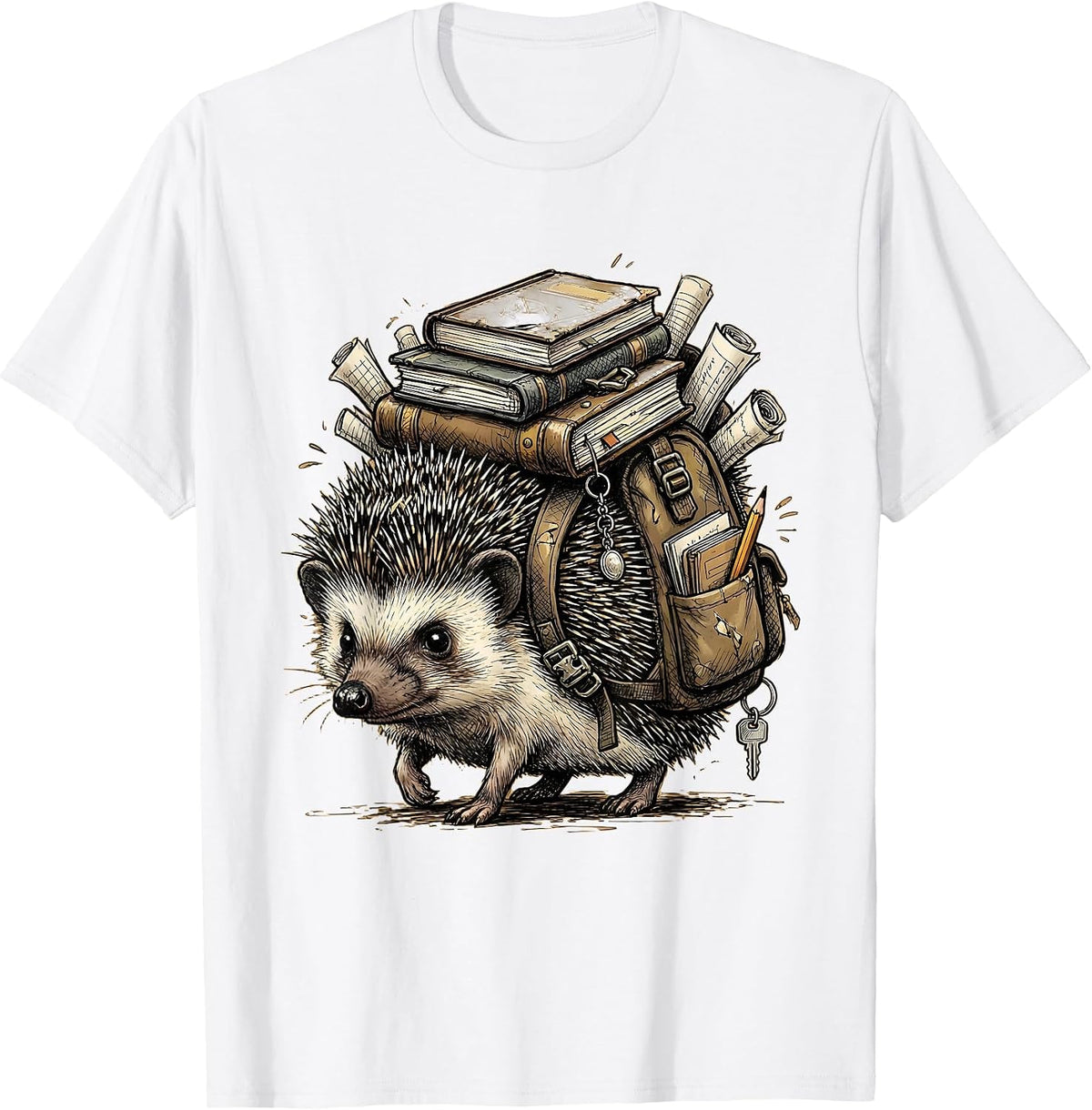 Men's Cute Hedgehog Teacher Bookworm Graphic T-Shirt - White