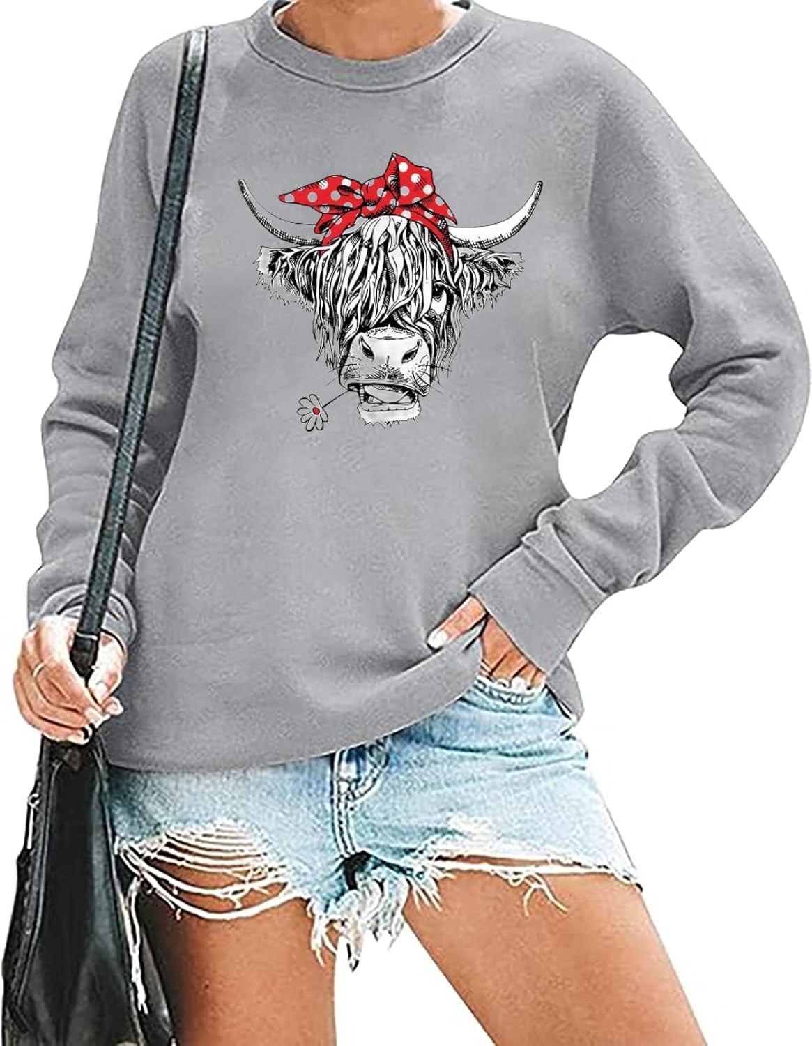 Women Cow Sweatshirt Western Cowgirl Farm Life Graphic Long Sleeve Tops - Grey