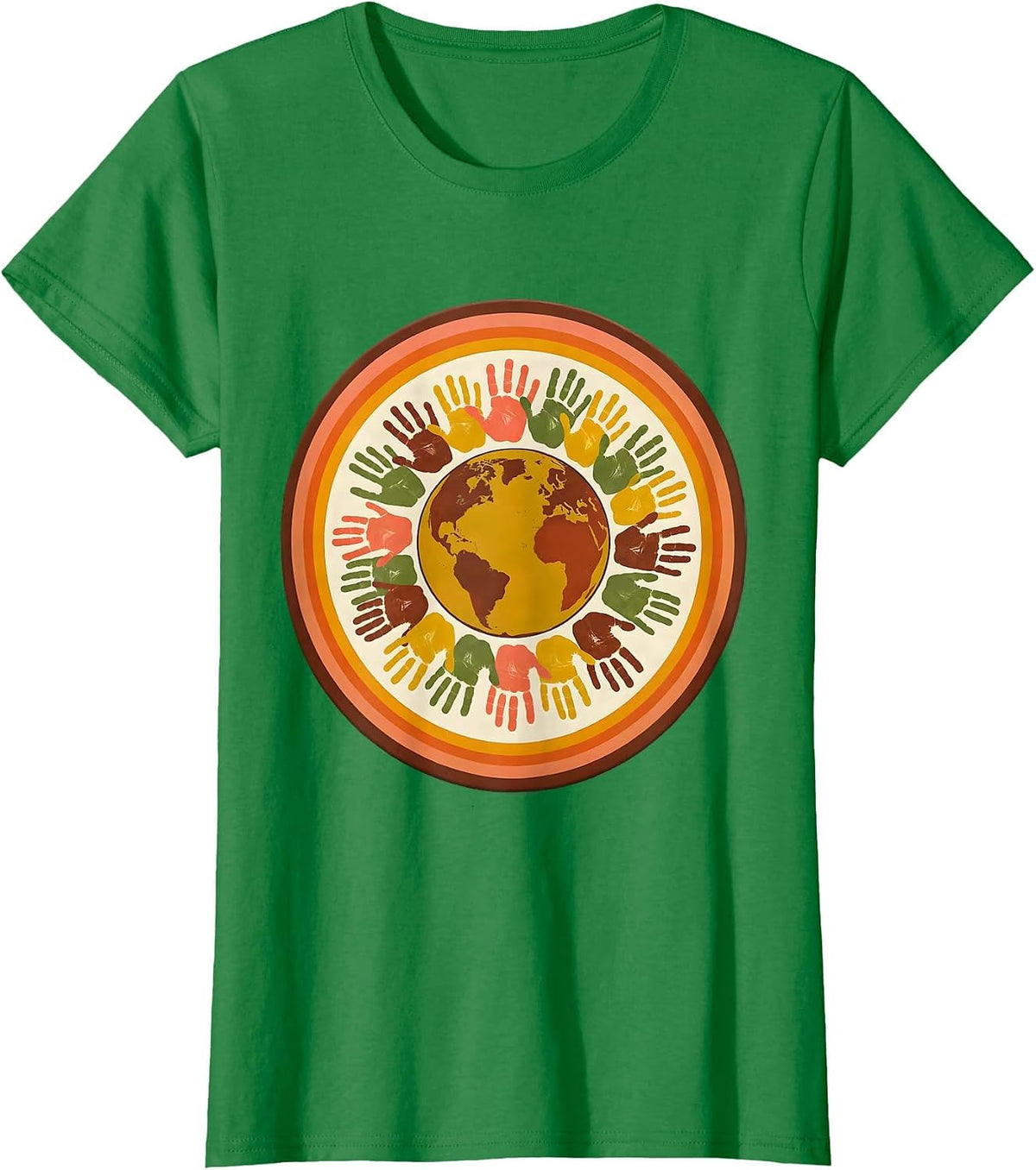 Elementary Teacher Globe Colorful Handprints Design T-Shirt - Kelly Green