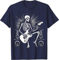 Skeleton Guitarist Shredding on Stage Metal Band T-Shirt - Navy Blue