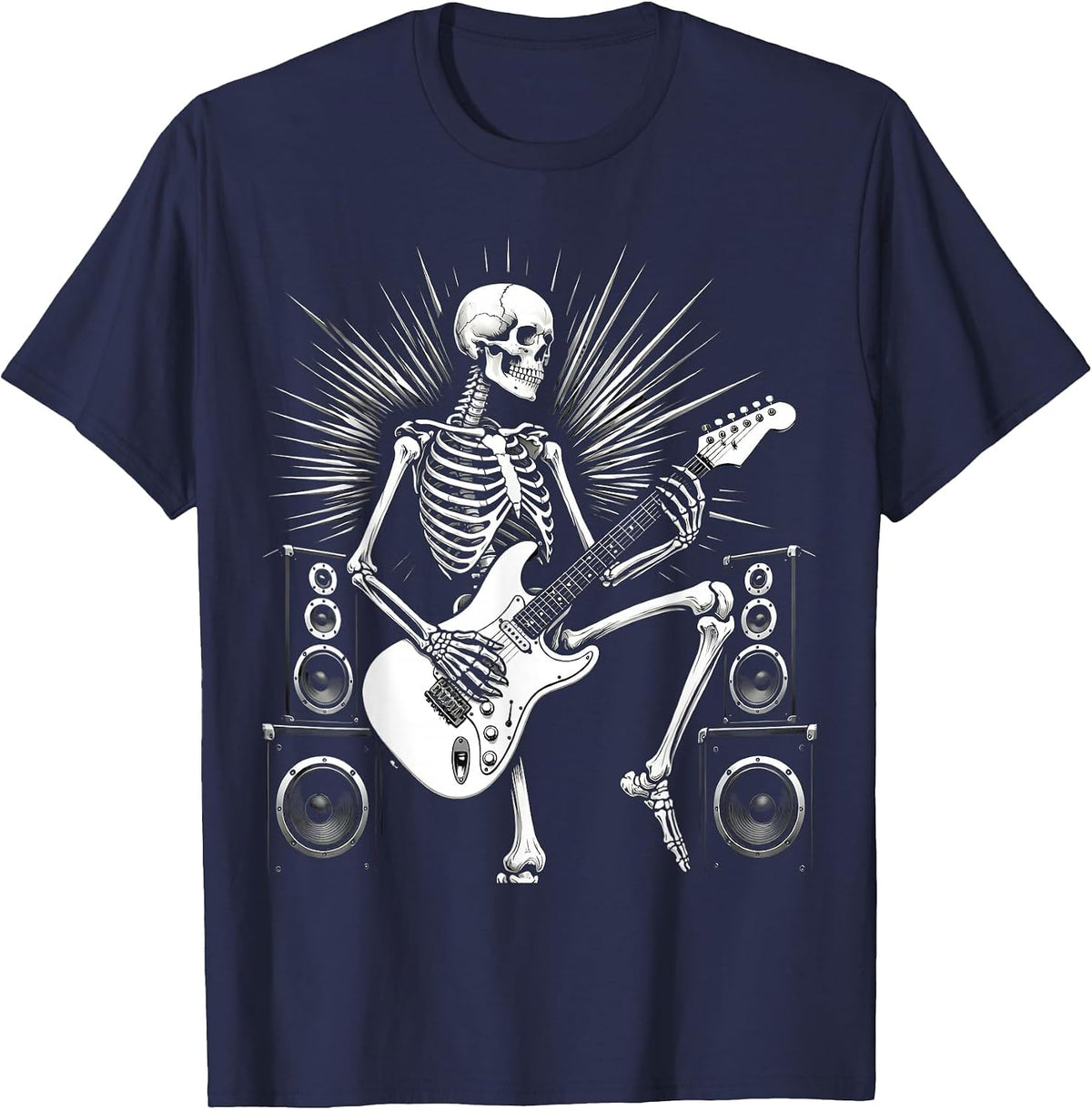 Skeleton Guitarist Shredding on Stage Metal Band T-Shirt - Navy Blue