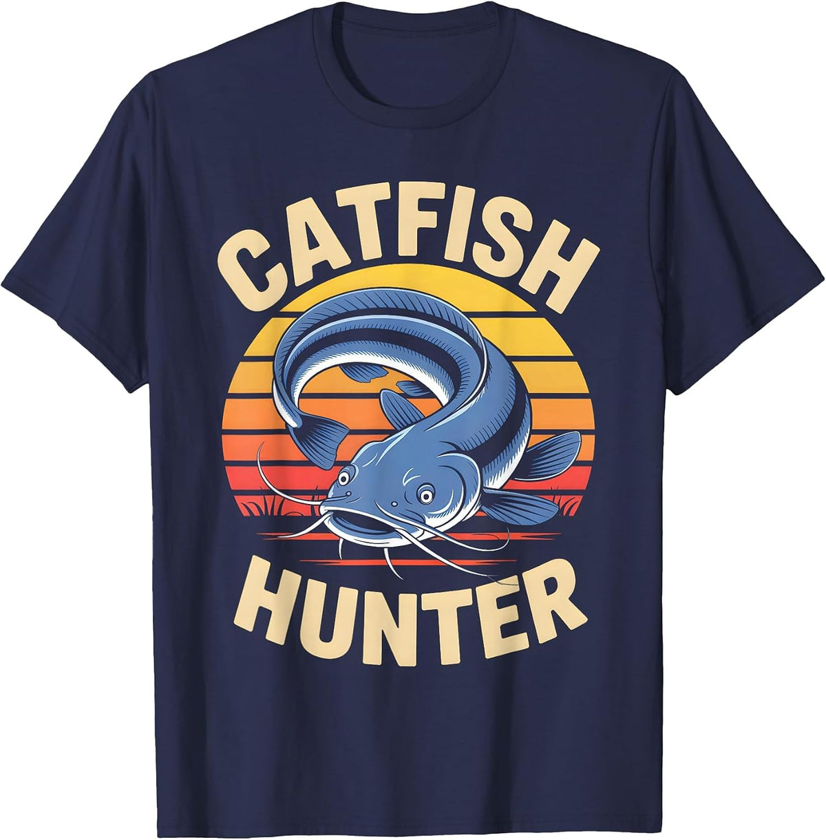 Catfish Hunter Retro Sunset Fishing T-Shirt - Navy Blue