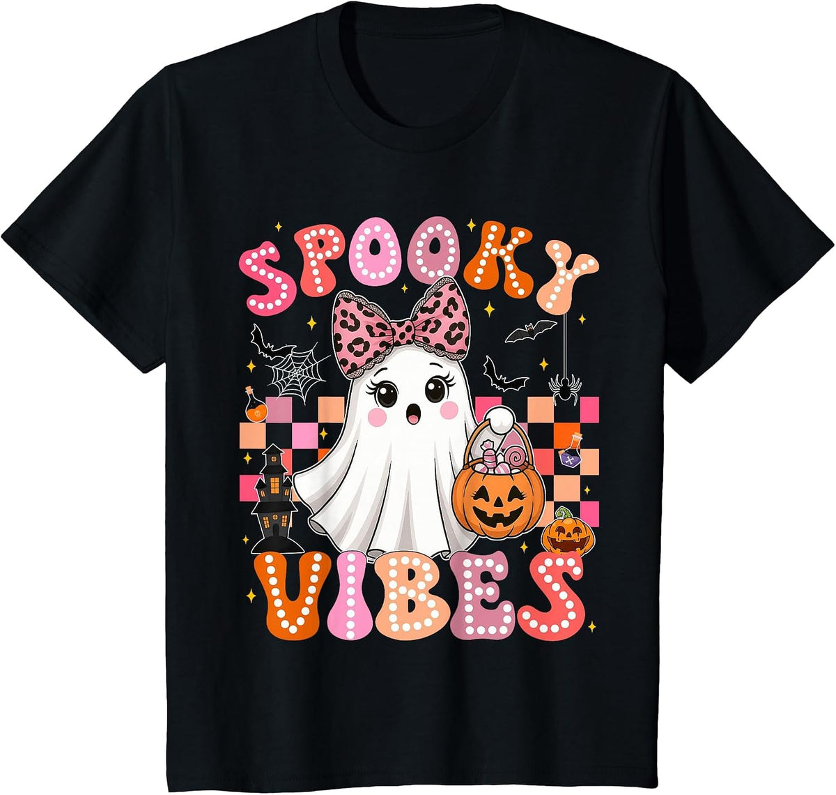Groovy Spooky Vibes Cute Boo Ghost Halloween Costumes Girls T-Shirt - Black