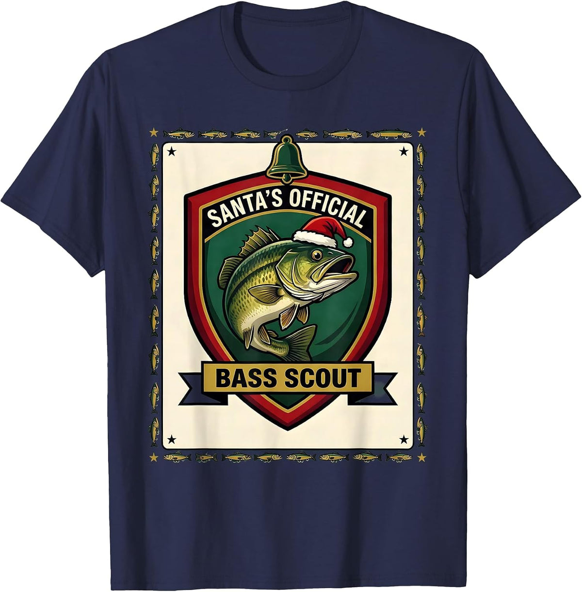 Santa's Official Bass Scout Funny Fishing Christmas Ugly T-Shirt - Navy Blue
