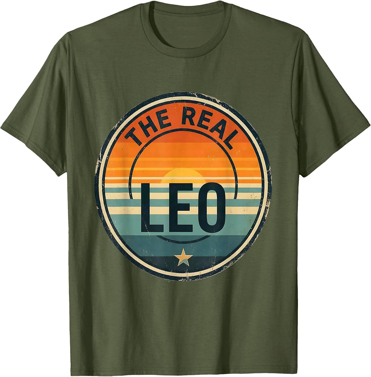 THE REAL LEO Retro Travel Sticker Vintage Name Badge T-Shirt - Olive Green
