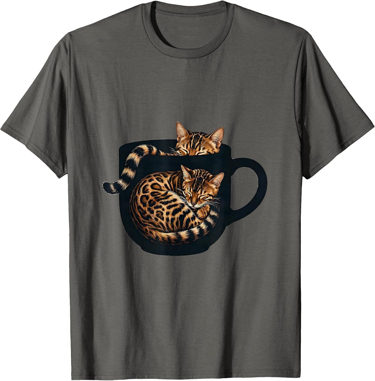 Bengal Cat Curled in Coffee Mug Lover Gift T-Shirt - Asphalt Grey
