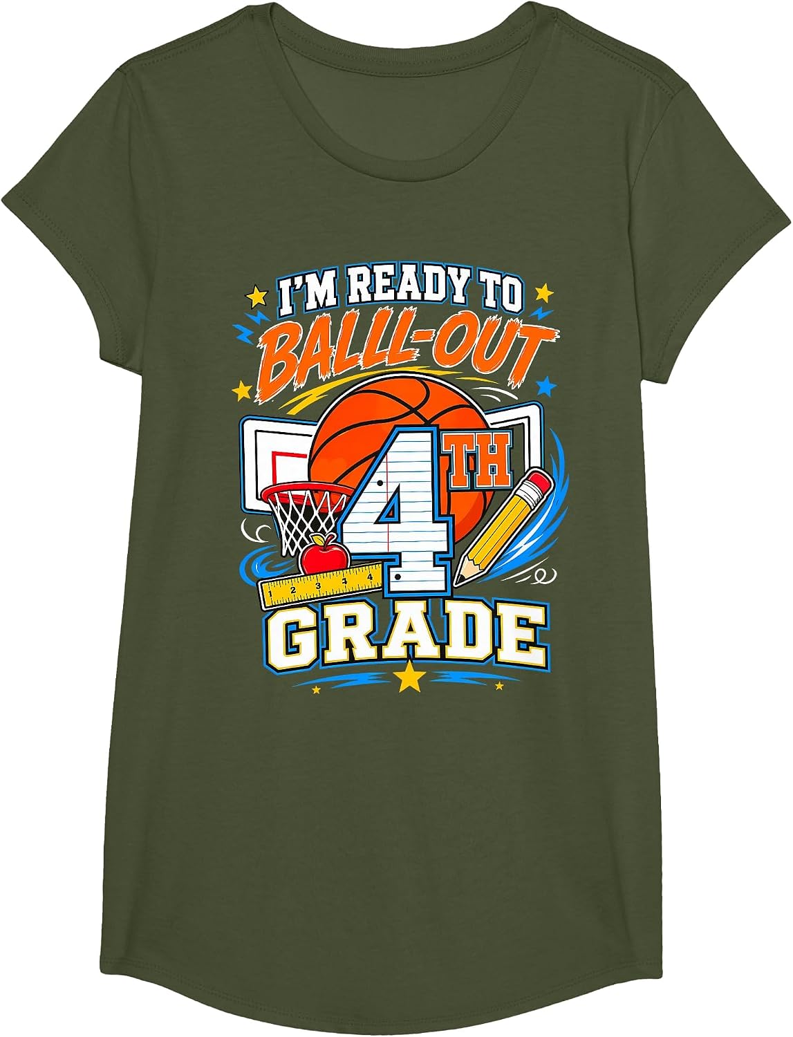 Back to School Basketball I'm Ready to Ball Out 4th Grade T-Shirt - Girls Olive Green