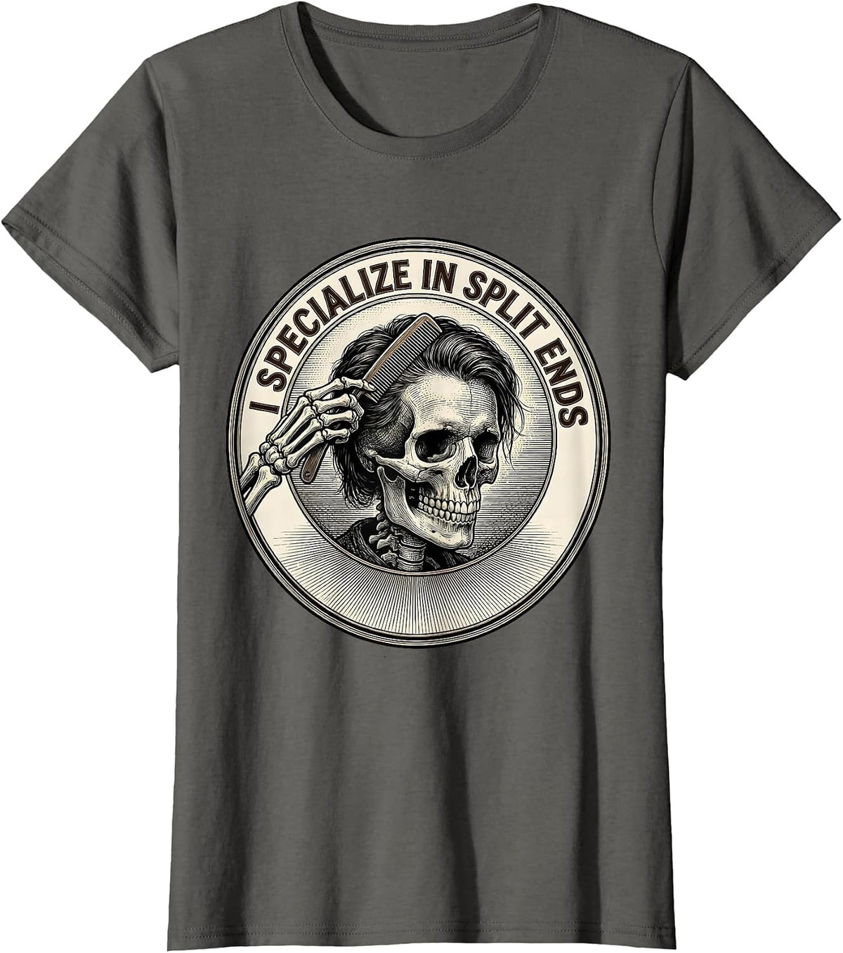 Women's I Specialize In Split Ends Funny Skeleton Hairstylist T-Shirt - Asphalt Grey