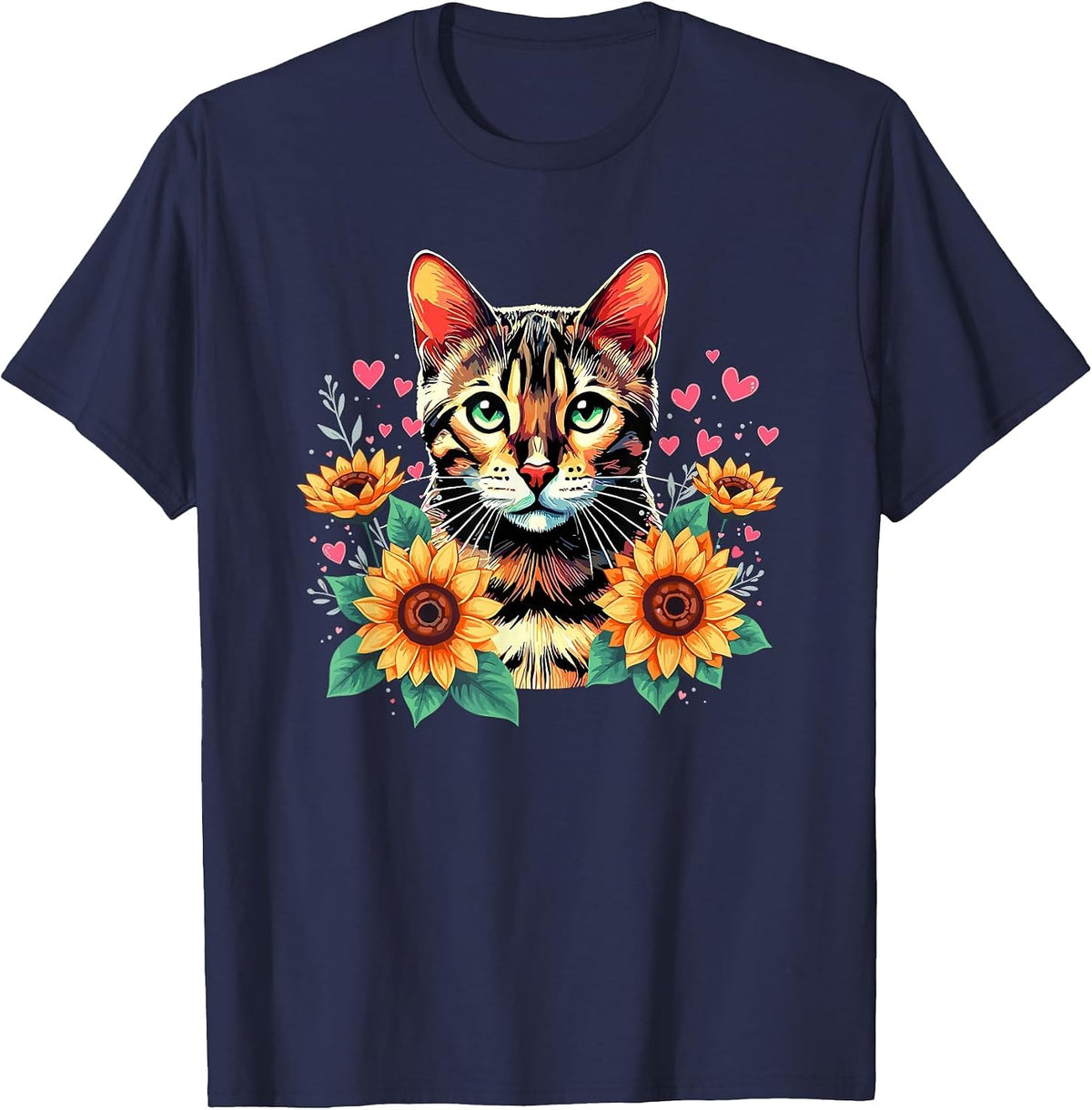 Sunflowers Bengal Cat T-Shirt - Navy Blue