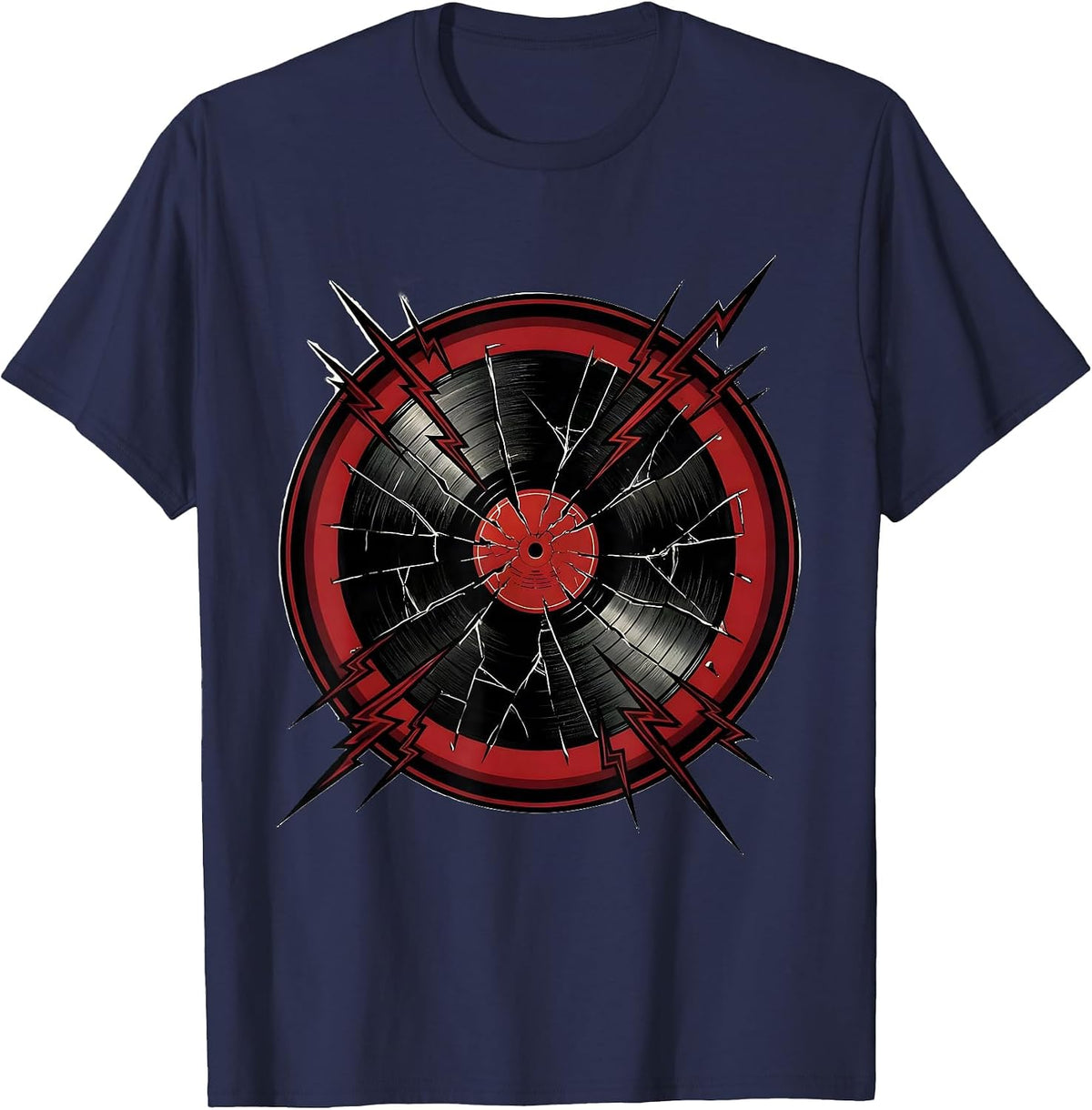 Broken Glowing Vinyl Record Rock Music Design T-Shirt - Navy Blue